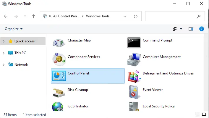 Open control panel Windows tools