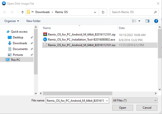 Open disk image file Remix OS