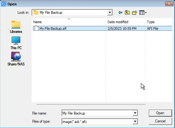 Open my file backup .afi