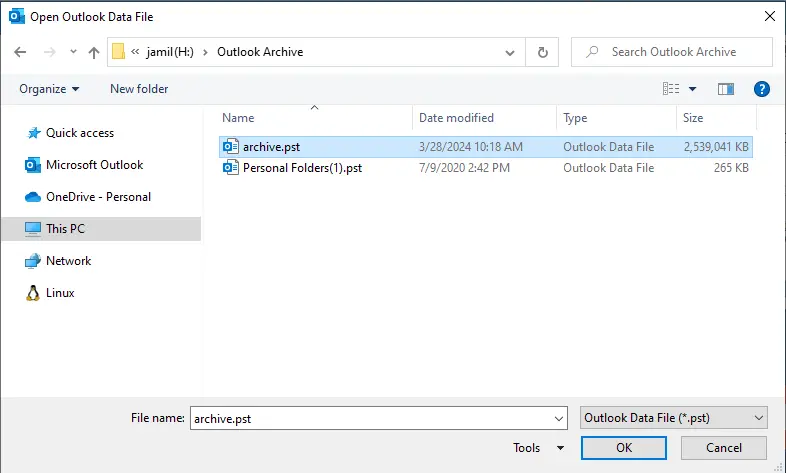 Open outlook data file in Outlook