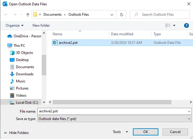 Open outlook data files in outlook