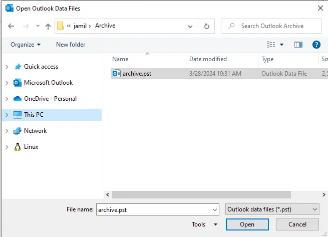 Open outlook data files