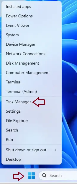 Open the Task manager from the quick link