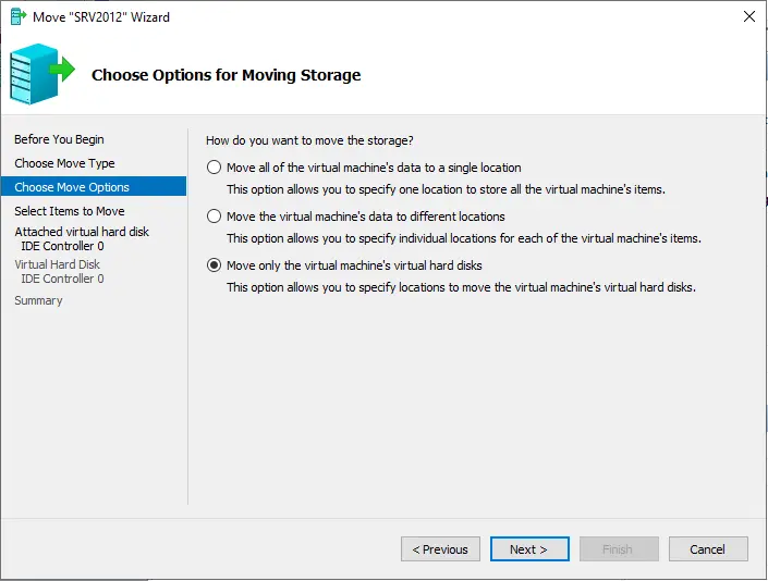 Options for moving storage Hyper-V