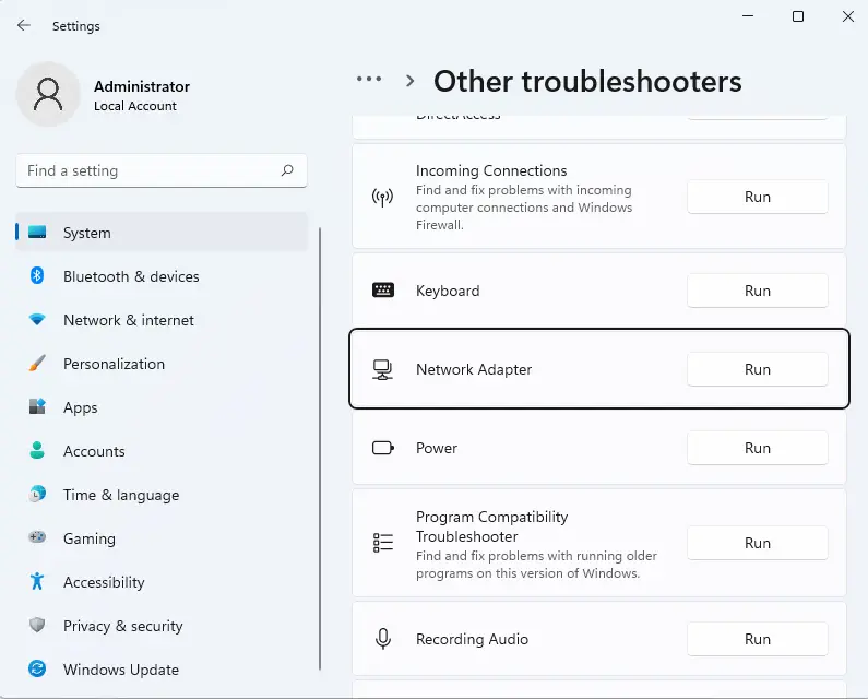 Other troubleshooters in Windows 11