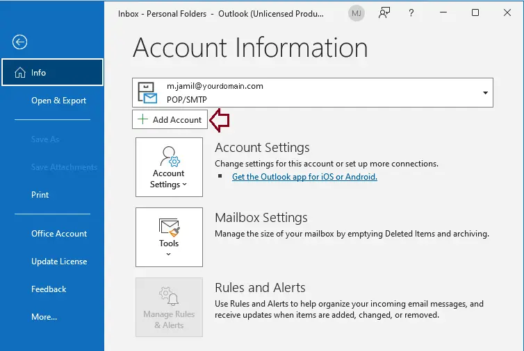 Outlook 365 account information