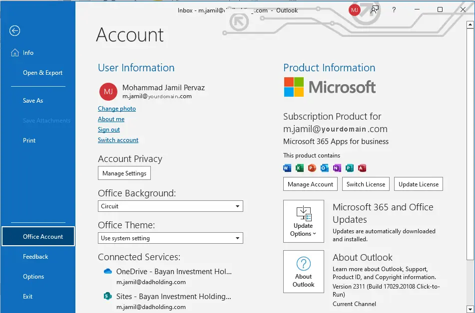 Outlook 365 office account information