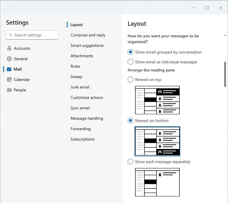 Outlook app email layout settings