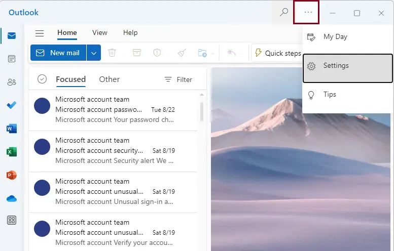 Outlook app setting menu