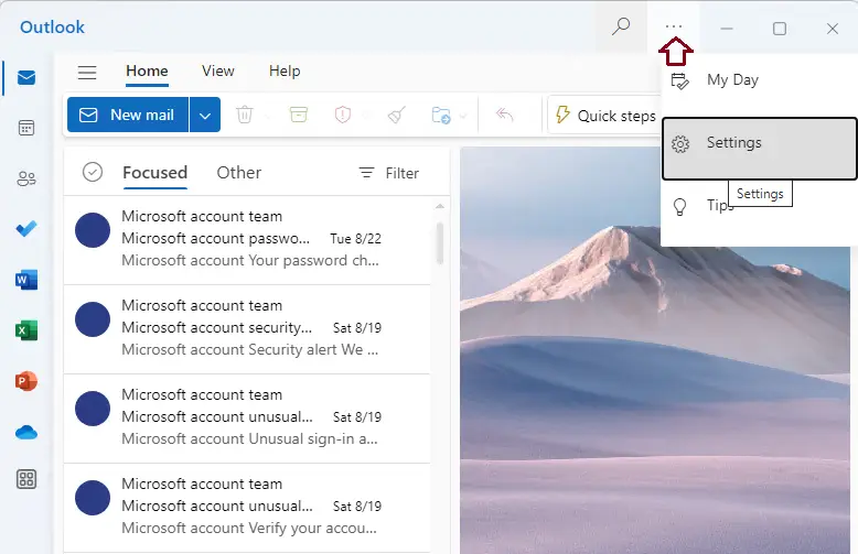 Outlook app settings menu