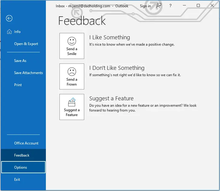 Outlook file menu