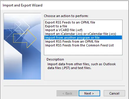 Outlook import and export wizard