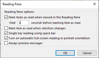 Outlook reading pane options