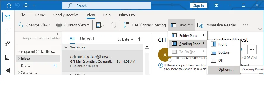 Outlook reading pane settings