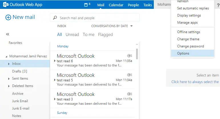 Outlook web app setting menu