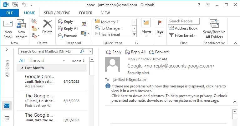 Outlook with Gmail account connected
