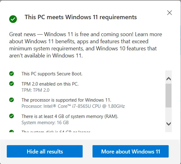 PC meets Windows 11 requirements