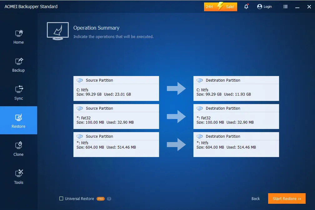 Restore System using AOMEI operation summary