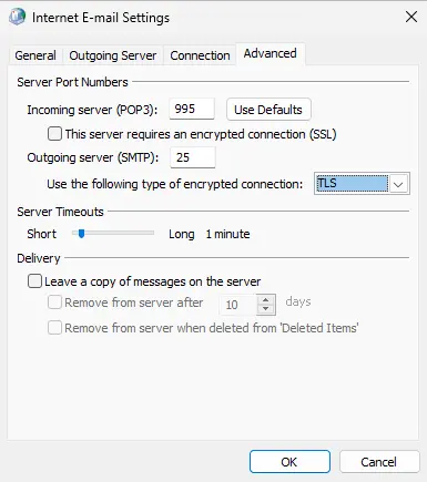 POP3 Internet E-mail settings