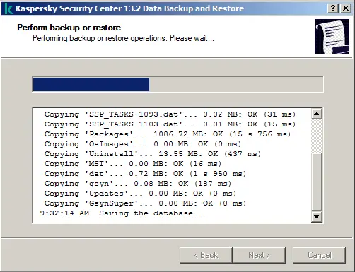 Perform Database backup Kaspersky