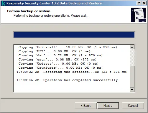 Perform backup or restore Kaspersky