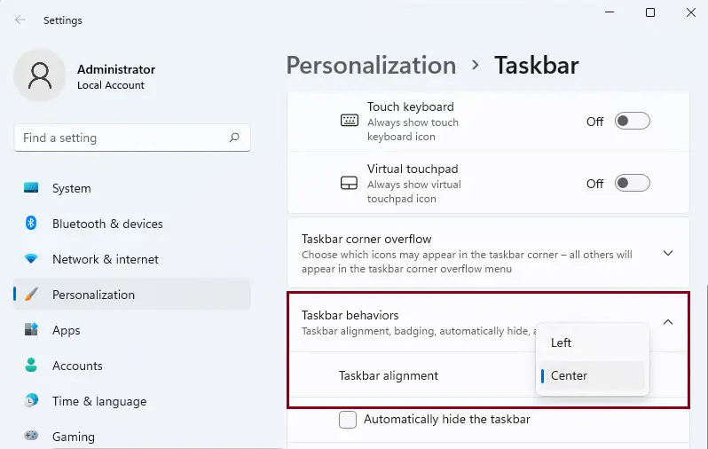 Personalize settings taskbar