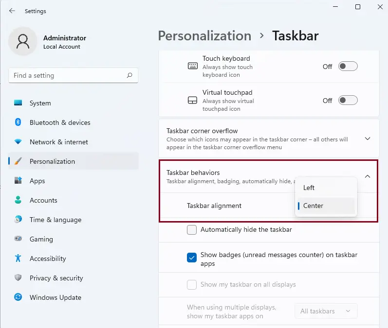 Personalize settings taskbar