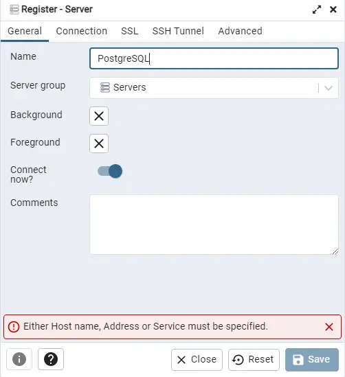 PostgreSQL register server