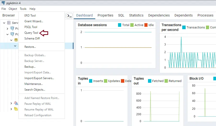 PostgreSQL tools menu