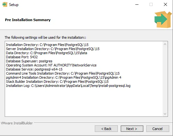 Pre installation summary PostgreSQL