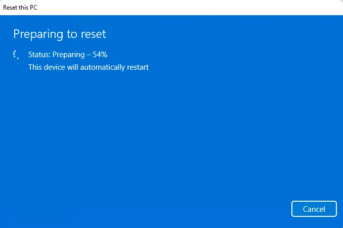 Preparing to reset windows