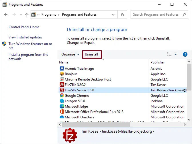 Program and Features uninstall FileZilla server