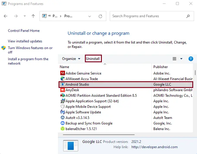 Program and features uninstall Android Studio