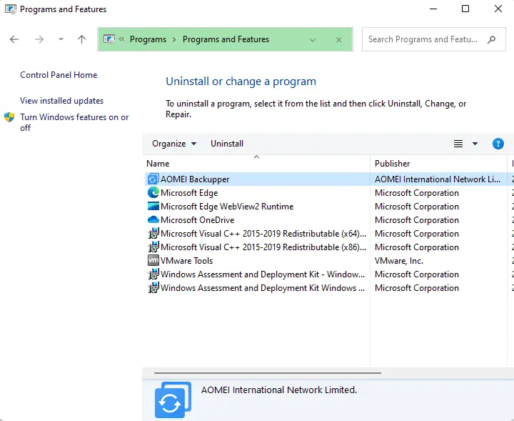 Programs and features uninstall AOMEI