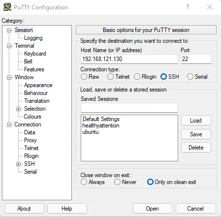 Putty configuration connect ESXi