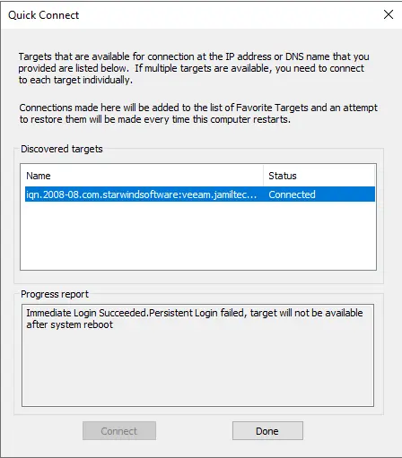 Quick connect iscsi target