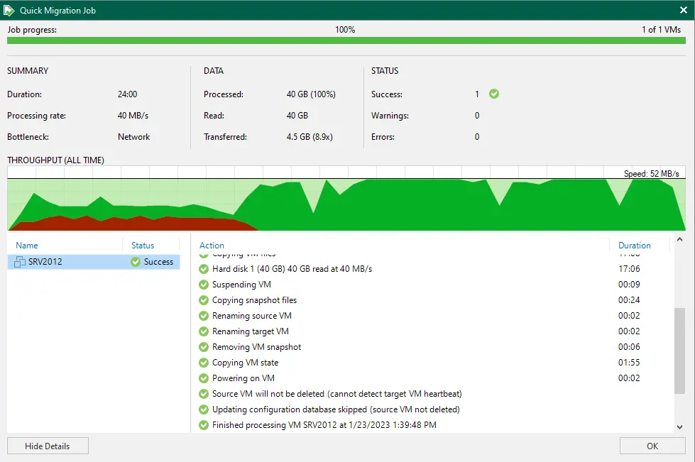 Quick migration job progress