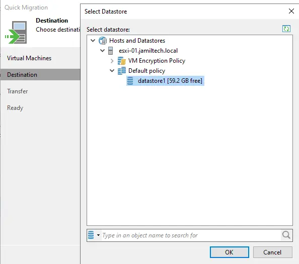 Quick migration select a datastore
