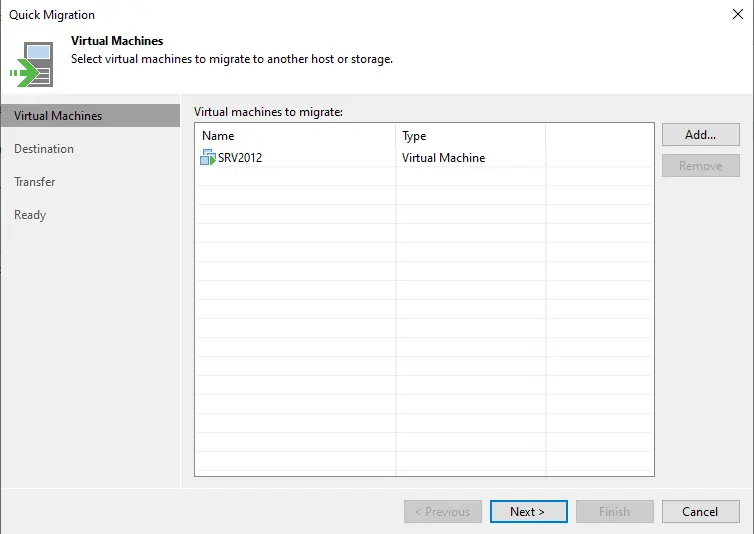 Quick migration virtual machine Veeam