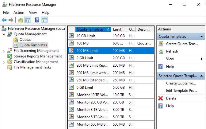 Quota Templates file server