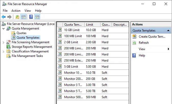 Quota Templates file server