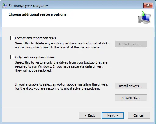 Re-image your computer additional options