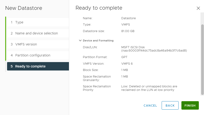 Ready to complete new datastore