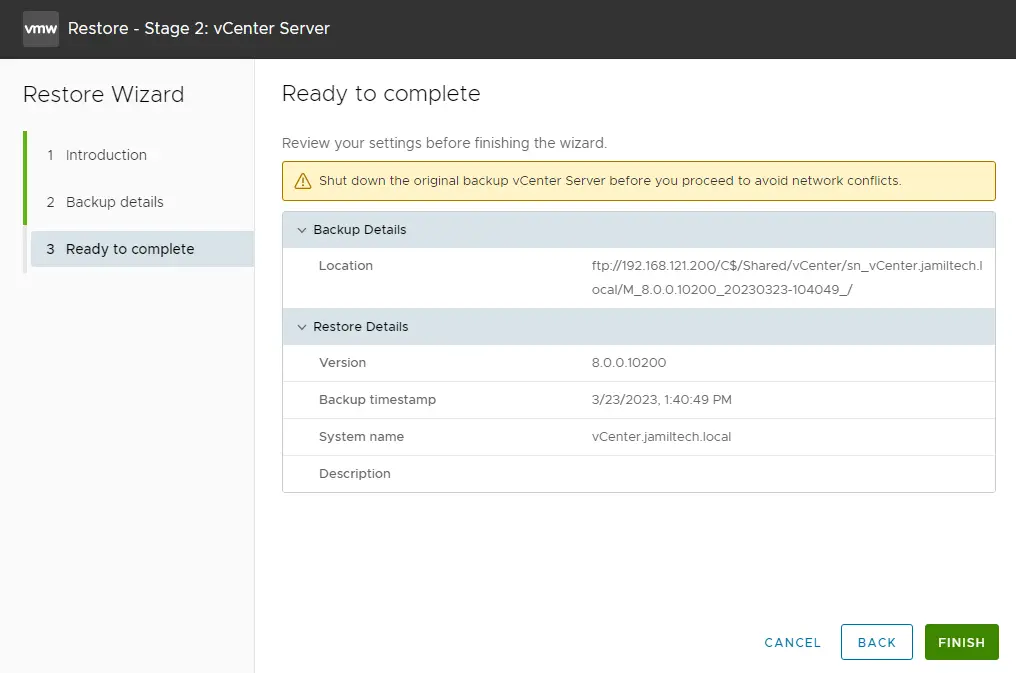 Ready to complete vCenter restoration