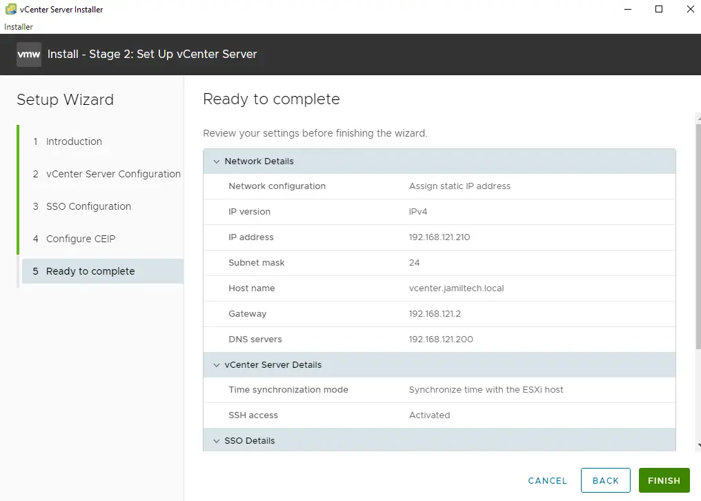 Ready to complete vCenter server setup