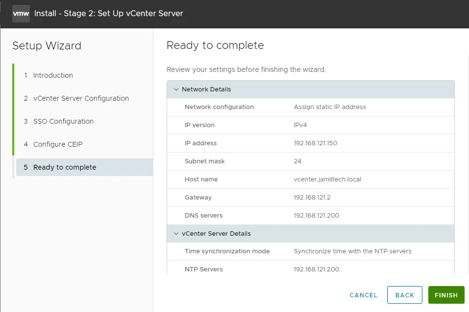 Ready to complete vCenter server setup