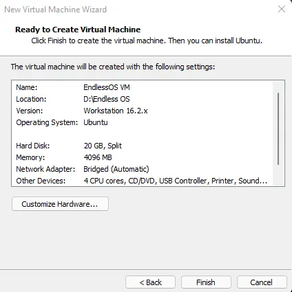 Ready to create virtual machine