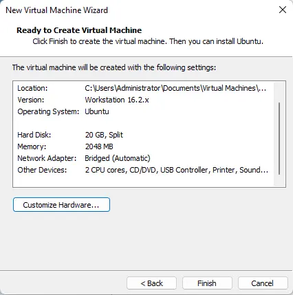 Ready to create virtual machine