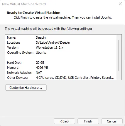 Ready to create virtual machine