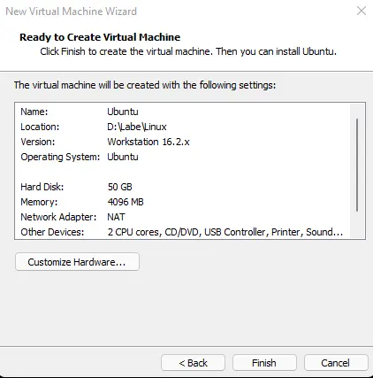 Ready to create virtual machine